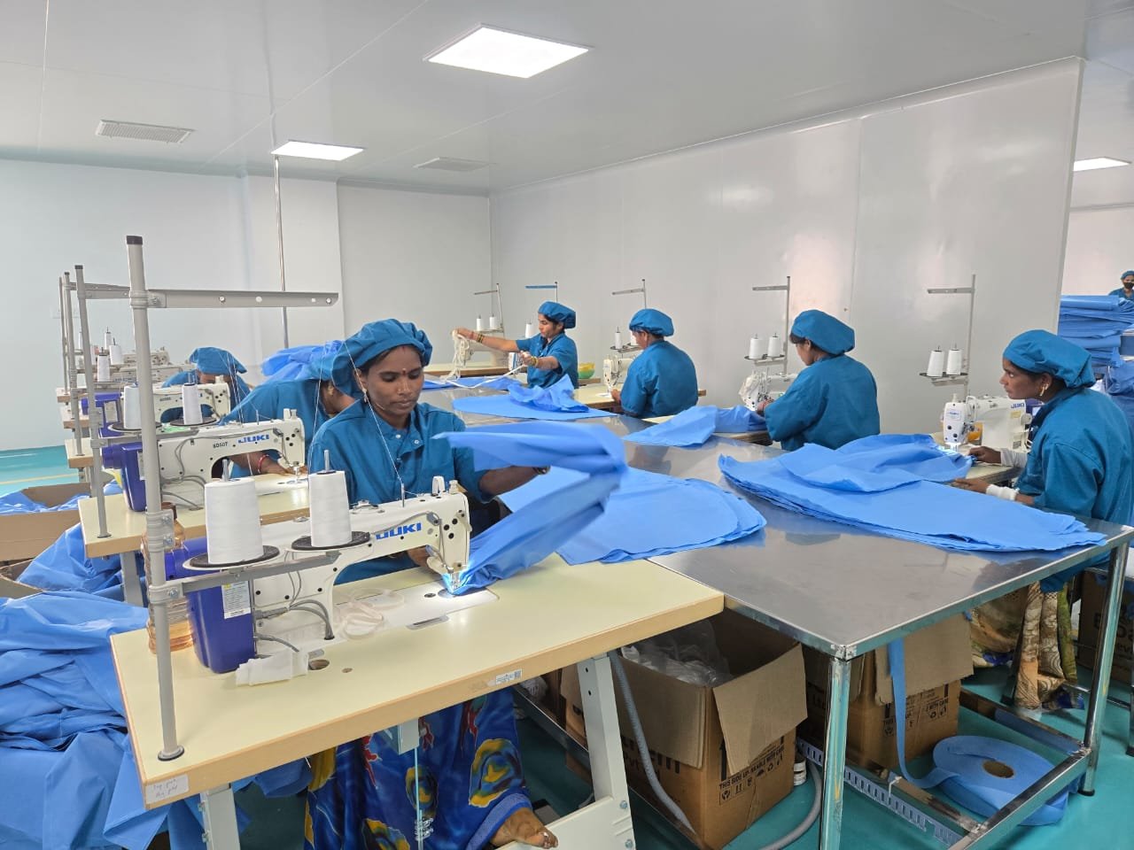 Bioanthem surgical gown production on industrial sewing machines in cleanroom facility